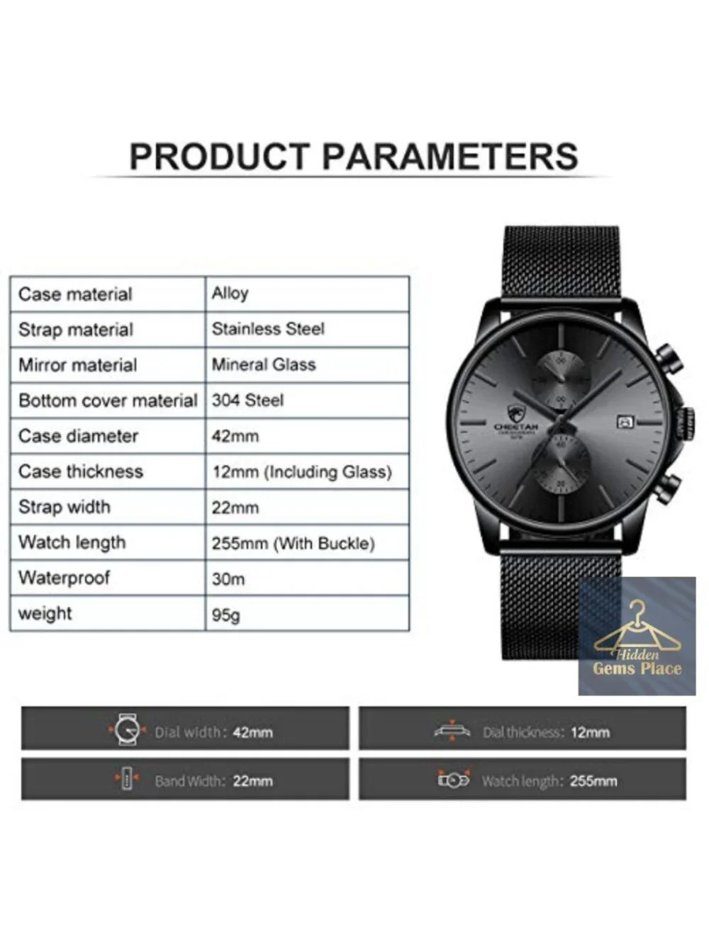 Men's Watch Stainless Steel Mesh Waterproof Chronograph Quartz Analog with Auto